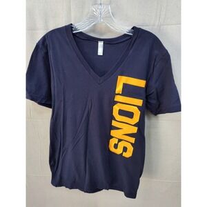 American Apparel Lions Graphic V-Neck T-Shirt Navy Blue Yellow Mens Small